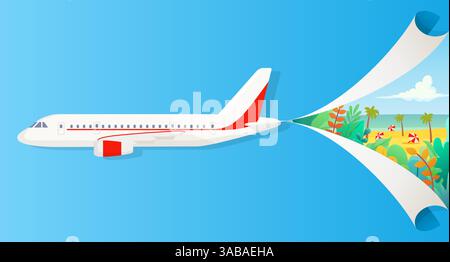 Flat vector banner on the theme of travel by airplane, vacation, adventure. Private airlines, transportation. A flying plane that divide sky into two Stock Vector
