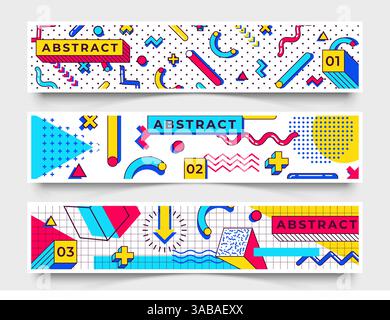 Three horizontal banners. Abstract 90s trends elements with geometric shapes. Shapes with triangles, circles, lines Stock Vector