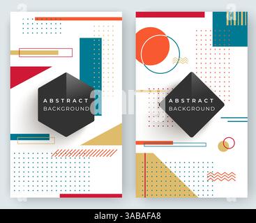 Two abstract retro vertical vector banners with multicolored simple geometric shapes. Triangles, circles, lines Stock Vector