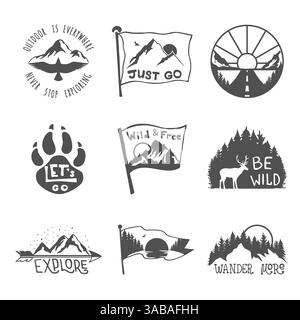 Set of nine vector mountain black travel emblems. Camping outdoor adventure emblems, badges and logo patches. Mountain tourism, hiking. Nature labels Stock Vector
