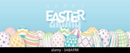 Easter background with text and 3d ornate eggs. Illustration in soft colors. Cute vector easter banner, poster, flyer or greeting card Stock Vector