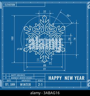 Snowflake as technical blueprint drawing. Christmas technical concept. Mechanical engineering drawings. Christmas and new year banner, cover, poster, Stock Vector