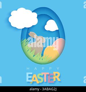 Easter card with paper cut egg shape frame. Happy Easter paper cut out egg on blue background. Trendy vector 3D Easter greeting card template with rab Stock Vector