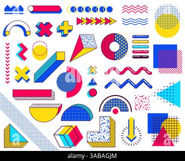 Set of memphis design vector elements. Abstract 90s trends elements with multicolored simple geometric shapes. Shapes with triangles, circles, lines Stock Vector
