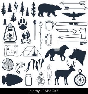 Set of wilderness silhouettes. Hand drawn vector camping and hiking elements. Collection for summer camp outdoors. Labels, emblems, logos, badges. Tra Stock Vector