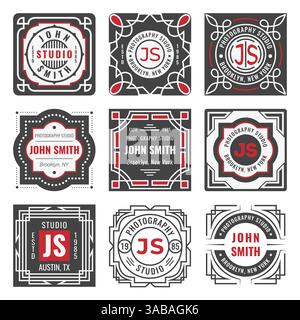 Set of nine stylish line insignias. Decorative geometric frames and borders. Modern vintage vector logo templates Stock Vector