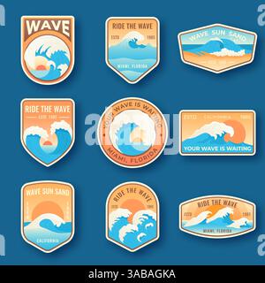 Set of nine summer holidays emblems. Labels with sun, waves, and sand in bright blue and orange colors. Beach emblems, badges and logo patches. Summer Stock Vector