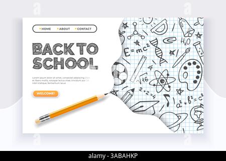 Back to school banner. Hand drawn educational supplies on list sheet and a pencil. Back to school education vector concept Stock Vector