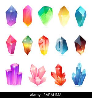 Colorful assorted crystals set. Crystalline vector gemstone. Magic semiprecious stones collection. Set of jewel or mineral stony crystallization of na Stock Vector
