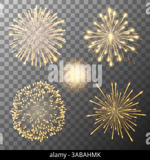 Set of five vector fireworks bursting in various shapes. Firework explosion in night. Firecracker rockets bursting in big sparkling star balls Stock Vector