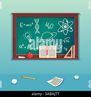 Class blackboard with chalk piece and school supplies. Blackboard for school, chalkboard for classroom, education and science design. Green vector cha Stock Vector