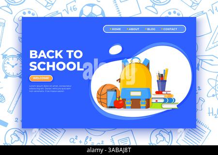 Back to school banner. Backpack, basketball ball, pen and school supplies on colorful background. Back to school vector education concept Stock Vector