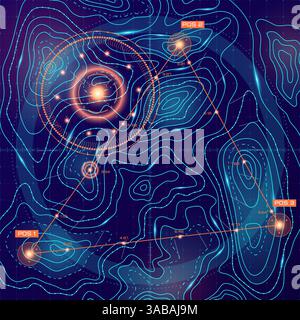 Topographic contour map with markers. Futuristic user interface. Search gadget in HUD style. Digital dashboard panel illustration. Topographic FUI vec Stock Vector