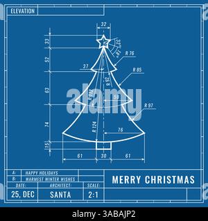 Christmas tree as technical blueprint drawing. Christmas technical concept. Mechanical engineering drawings. Christmas and new year banner, cover, pos Stock Vector