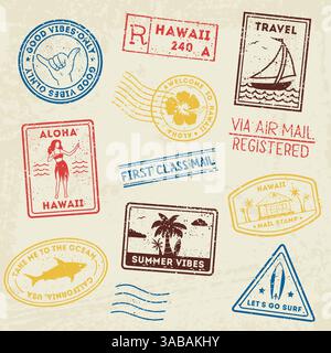 Summer beach post stamps. Hand drawn vector palm trees and beach elements in retro style. Summer grunge labels, badges and icons Stock Vector