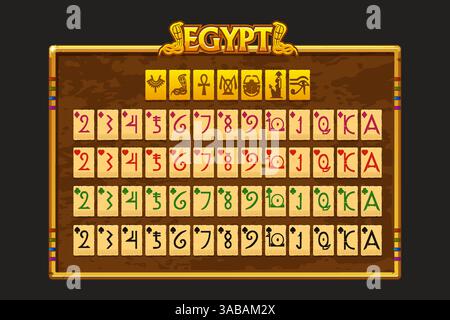 Egyptian Full deck of playing cards on Border in Egyptian themed. Background for game, slots, solitaire or game assets. Egyptian game frame. Each card Stock Vector