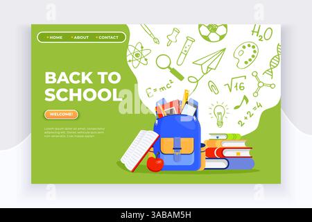 Back to school banner. Backpack, apple, books and school supplies on colorful background. Back to school vector education concept Stock Vector
