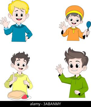 This illustration pack features four cheerful cartoon boys with expressive faces in different activities such as waving, cooking, and eating, each wea Stock Vector