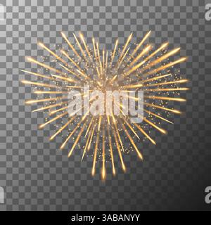 Firework bursting in heart shape. Valentines day vector firework explosion in night. Firecracker rockets bursting in big sparkling stars Stock Vector