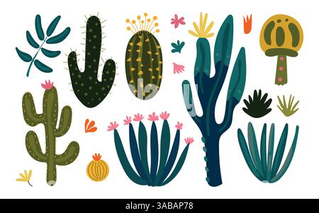 Colorful desert plant collection with cartoon-style cactus, succulents, blooms, and unique foliage perfect for botanical prints and graphic design Stock Vector
