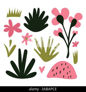 Playful floral artwork featuring pink flowers, abstract green leaves, and botanical shapes designed for modern decorative and nature-inspired projects Stock Vector