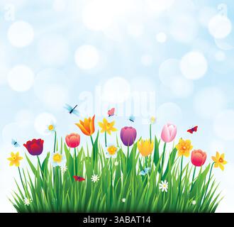 Spring nature landscape with colorful flowers, green grass and blue sky. Vector illustration Stock Vector