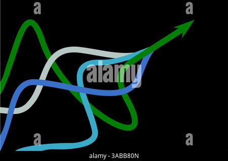 Graphic vector of blue and green color ropes converging into arrows isolated on black background, Technology light lines of business and finance Stock Vector