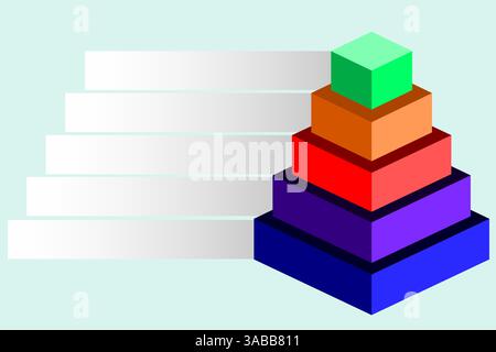Vector graphic illustration depicting pyramid of blue with purple with red with orange and green stacked cube isolated on blue background, Infographic Stock Vector