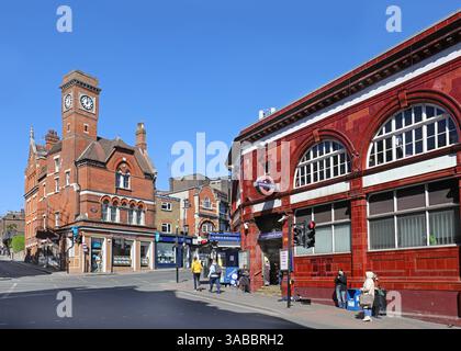 Entrance to Hampstead underground station at the corner of Heath Road and Hampstead High Street, London NW3, UK. One of London's most affluent areas. Stock Photo