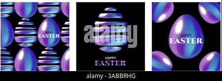 Holographic 3d Easter eggs black backgrounds and abstract futuristic dark Happy Easter cards Stock Vector