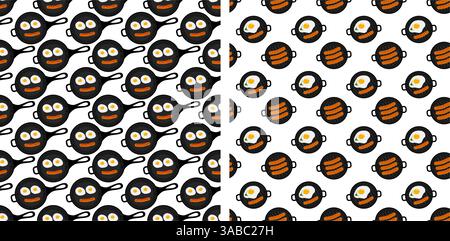 Fried eggs and sausage like smiling emoticon in pan. Grilled sausages and egg Seamless Pattern Set 2. Top view Isolated Vector illustration Culinary food poster Thematic cards Wallpaper, wrapping idea Stock Vector