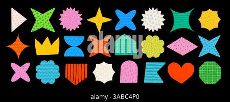 Modern abstract geometric shapes with simple patterns and texture. Y2K abstract groovy brutal geometric shape set. Vector set for Stickers and graphic Stock Vector
