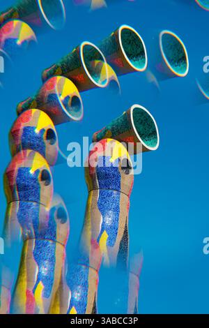 Barcelona, Spain - March 28, 2025: A kaleidoscopic image of the sculpture Dona i Ocell, designed by artist Joan Miro, in Joan Miro public park in Barc Stock Photo
