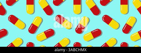 Red and yellow pills. Colorful medical pills seamless pattern. Tablets background. Capsules pattern in a blue background. Bright medical illustration. Stock Vector