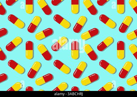 Red and yellow pills. Colorful medical pills seamless pattern. Tablets background. Capsules pattern in a blue background. Bright medical illustration. Stock Vector