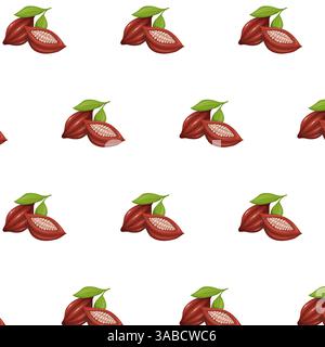 Seamless pattern of Cacao beans with green leaves in cartoon style on white background. Sliced Cacao beans into halves. Illustration for background, w Stock Vector