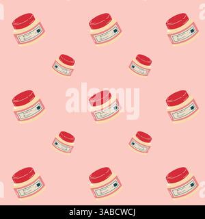 Cosmetic face cream jar seamless pattern on pink background, for background, wallpaper, textile, fabrics, packaging. Stock Vector
