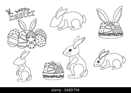 A set of black and white Easter-themed illustrations featuring Easter bunnies, ornate Easter eggs, and festive elements for coloring page. Rabbit Coll Stock Vector