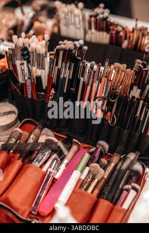 Various makeup brushes in a black red cases, details and accessories for visage and make-up Stock Photo