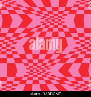 Twisted and distorted vector groovy hippie hot pink red background. Waves, checkered net pattern. Background in trendy retro psychedelic style. Stock Vector
