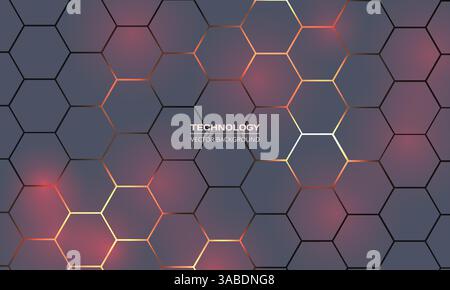 Grey and red hexagon abstract technology background with orange and yellow colored bright flashes. Hexagonal gaming vector abstract tech background. Stock Vector