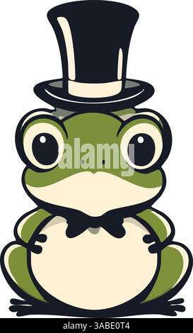A cartoon frog wearing a black top hat and bow tie, sitting upright. Stock Vector