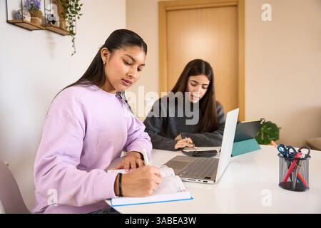 Two young latin women working from home office taking notes and using laptop Stock Photo
