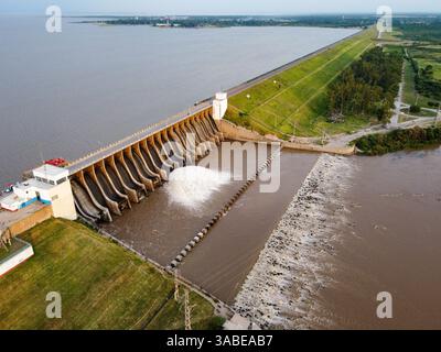 Aerial view of the Rio Hondo Dam, showing high voltage lines, the lake ideal for fishing, and its proximity to the MotoGP circuit. A key tourist desti Stock Photo