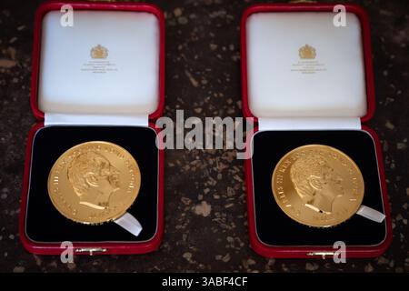 Royal Medals to be presented to Sir Tejinder Virdee and Sir Michael Stratton by King Charles III, Patron, the Royal Society at Buckingham Palace, London. Picture date: Wednesday April 2, 2025. Stock Photo