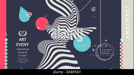 Art event invitation template with date and time details. Background with optical illusion. 3d vector illustration for promotions or presentations. Stock Vector