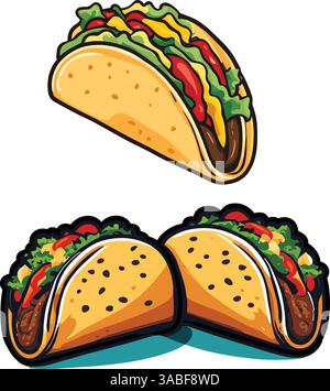 Illustration of three tacos with various fillings, including lettuce, tomatoes, and meat, on a white background. Two tacos are grouped together, and o Stock Vector