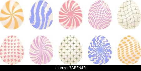 Easter eggs isolated set, groovy grunge y2k illustrations with trendy psychedelic swirls, stars, waves, geometrical shapes, retro twisted and distorte Stock Vector