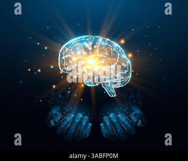 Two human hands are holds human brain. Support healthy brain concept. Wireframe glowing low poly design on dark blue background. Abstract futuristic Stock Vector