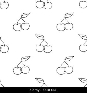 Cherry fruit seamless pattern. Single line illustration. Line art double Cherry. One line Cherry texture. Vector Outline fruit isolated on white background. Textile, fabric, texture design Stock Vector